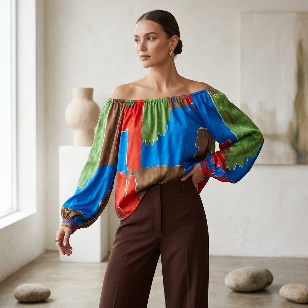 Tory Burch Blouse Women Abstract Geometric Silk Blue Red Green Long Sleeve Top 2